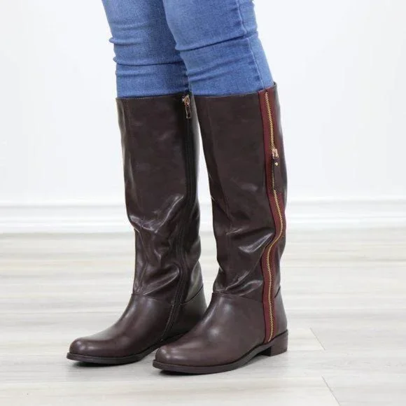 Brown Below Knee Rider Boots Light Faux Fur Inside - Picture 3 of 11